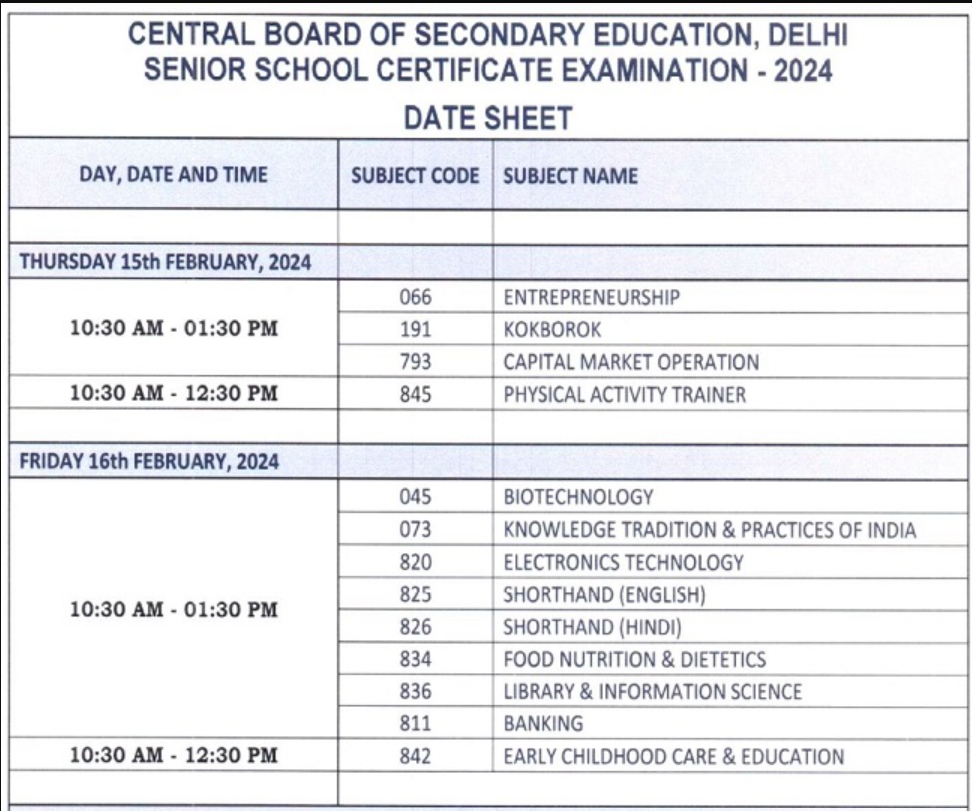 CBSC Board Date Sheet 2024 CBSE Board 10th And 12th Exams Date Sheet